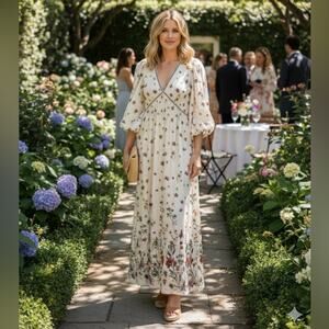 NWT NEW Max Studio Floral Puff Sleeve Plunge Neck Midi Dress